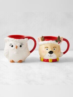 Brand New* Williams Sonoma  Reindeer & Owl Figural Mug Set